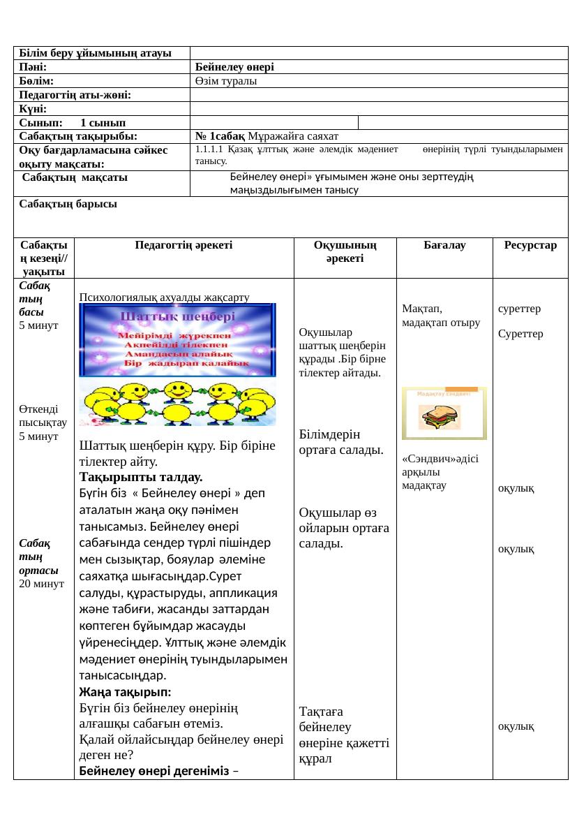 Бейнелеу өнері 1сынып қмж1 сабақАлматыкітап 2025 2026 ж