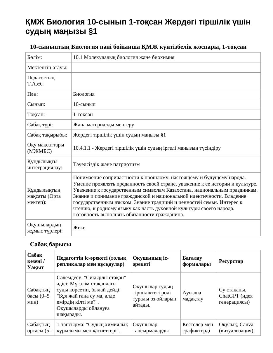 ҚМЖ Биология 10-сынып 1-тоқсан Жердегі тіршілік үшін судың маңызы §1