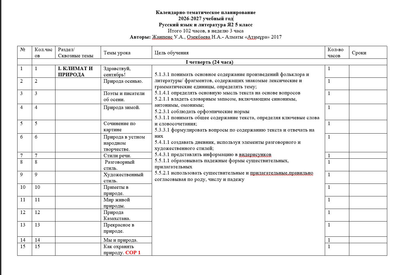 КТП 5 класс Русский язык и литература Я2 на 2026-2027 учебный год