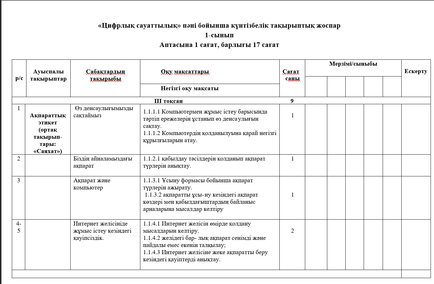 КТЖ Цифрлық сауаттылық 1-сынып 2026-2027 ж