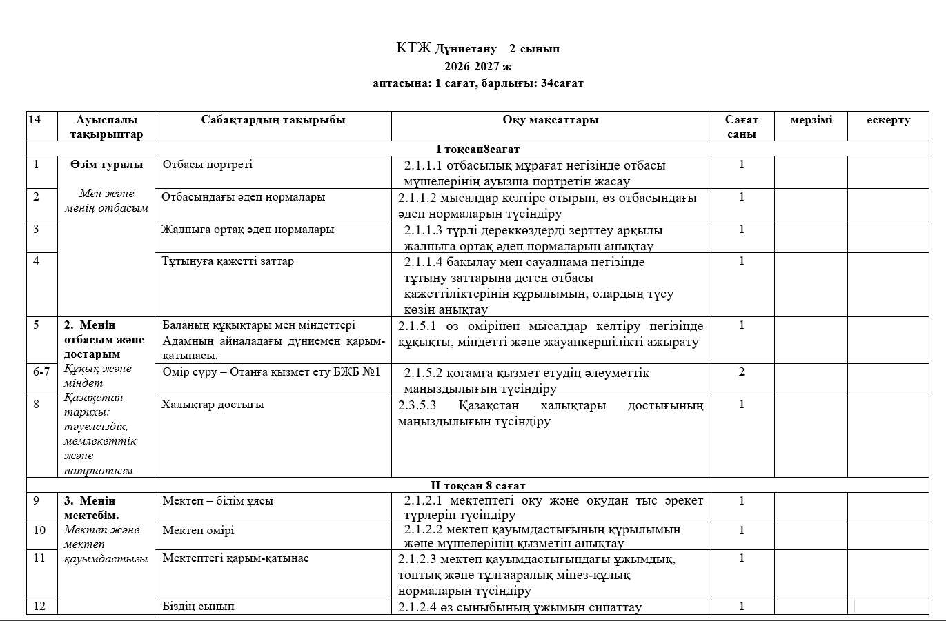КТЖ Дүниетану  2-сынып 2026-2027 ж 