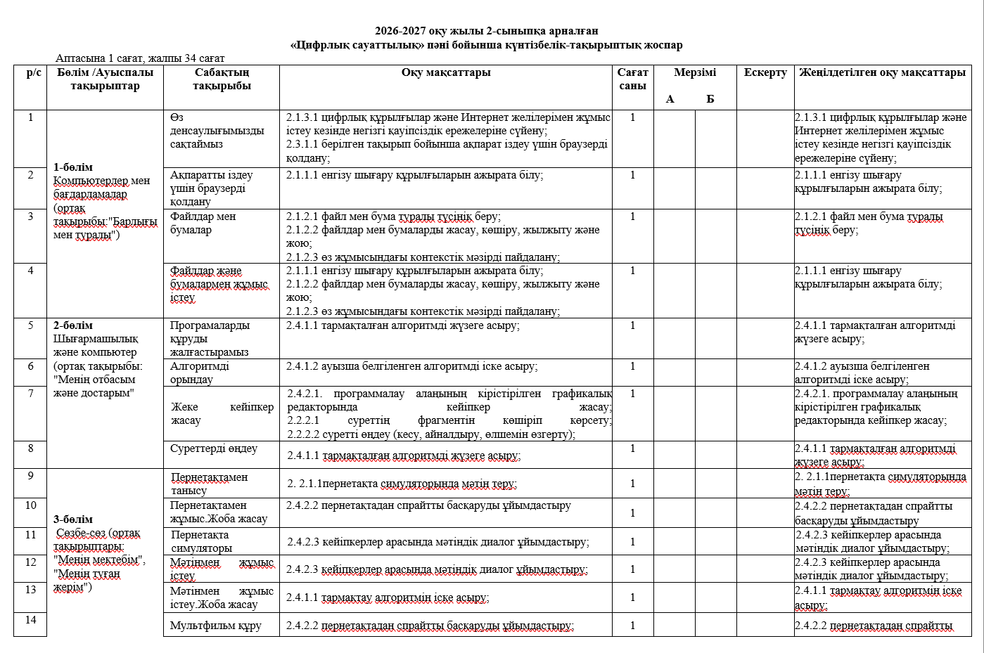 КТЖ 2-сынып «Цифрлық сауаттылық» 2026-2027 оқу жылы