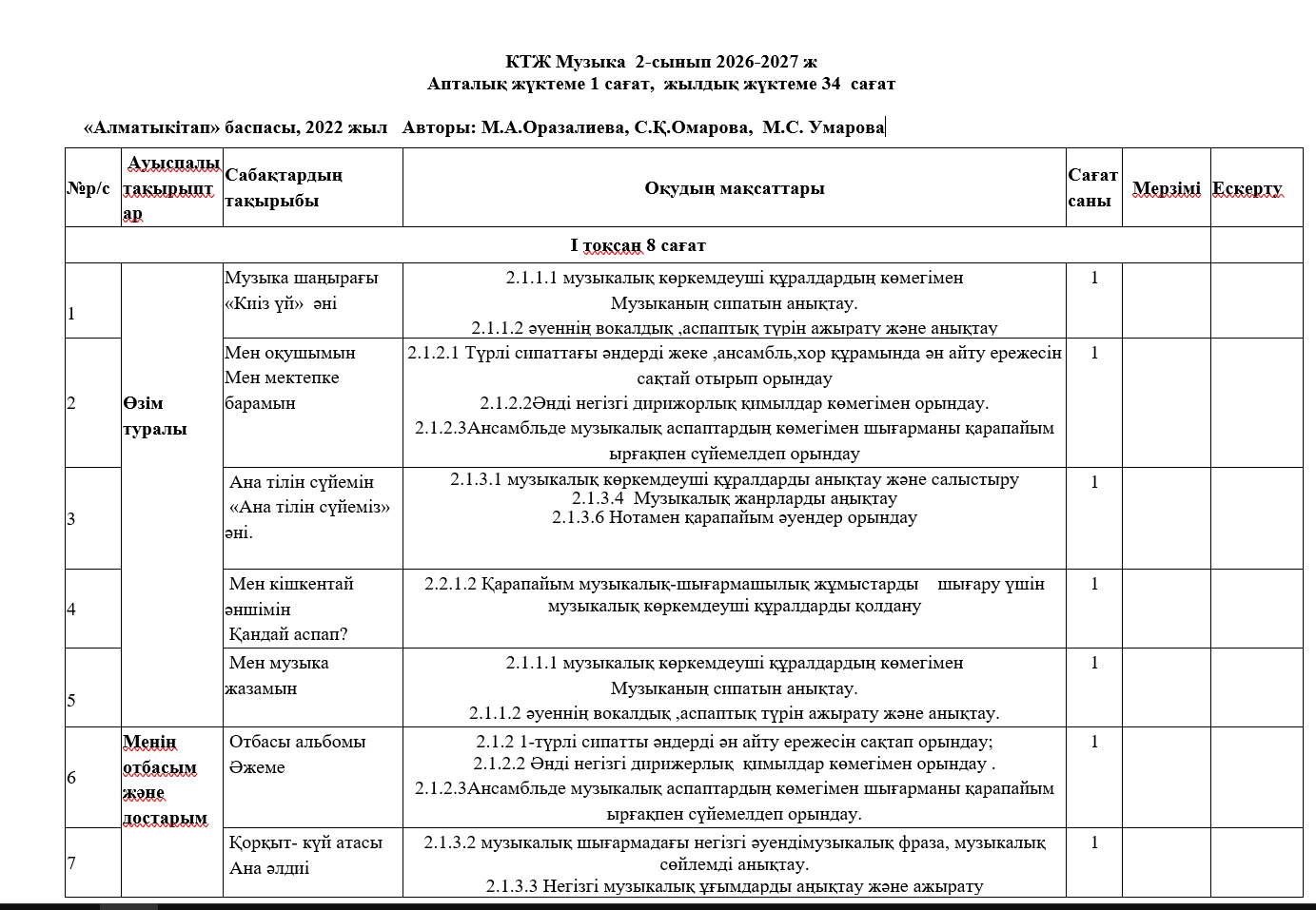 КТЖ Музыка  2-сынып 2026-2027 ж