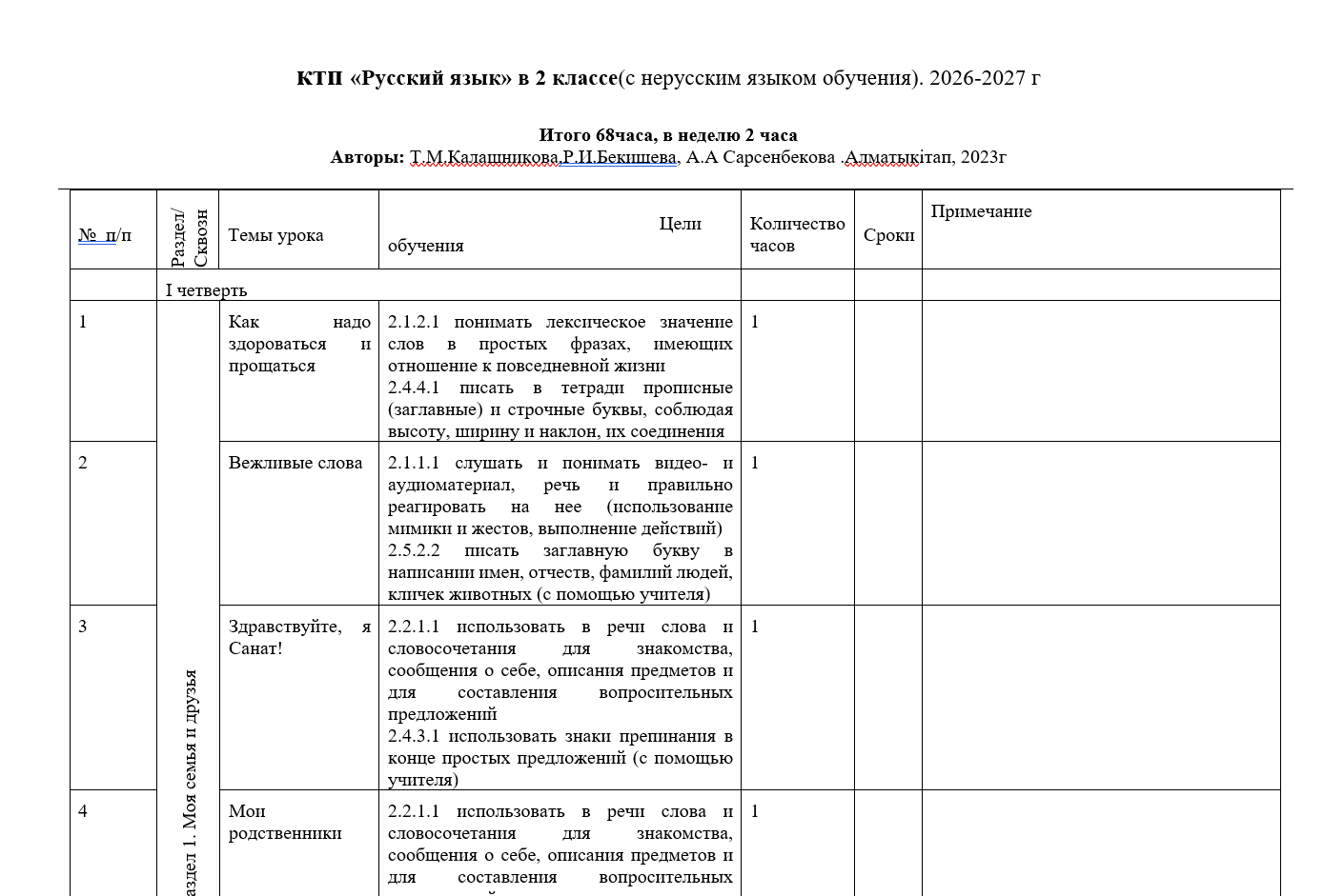 КТП «Русский язык» в 2 классе(c нерусским языком обучения). 2026-2027 г