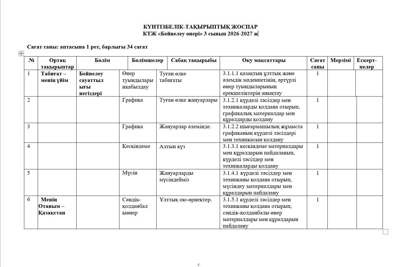 КТЖ «Бейнелеу өнері» 3 сынып 2026-2027 ж