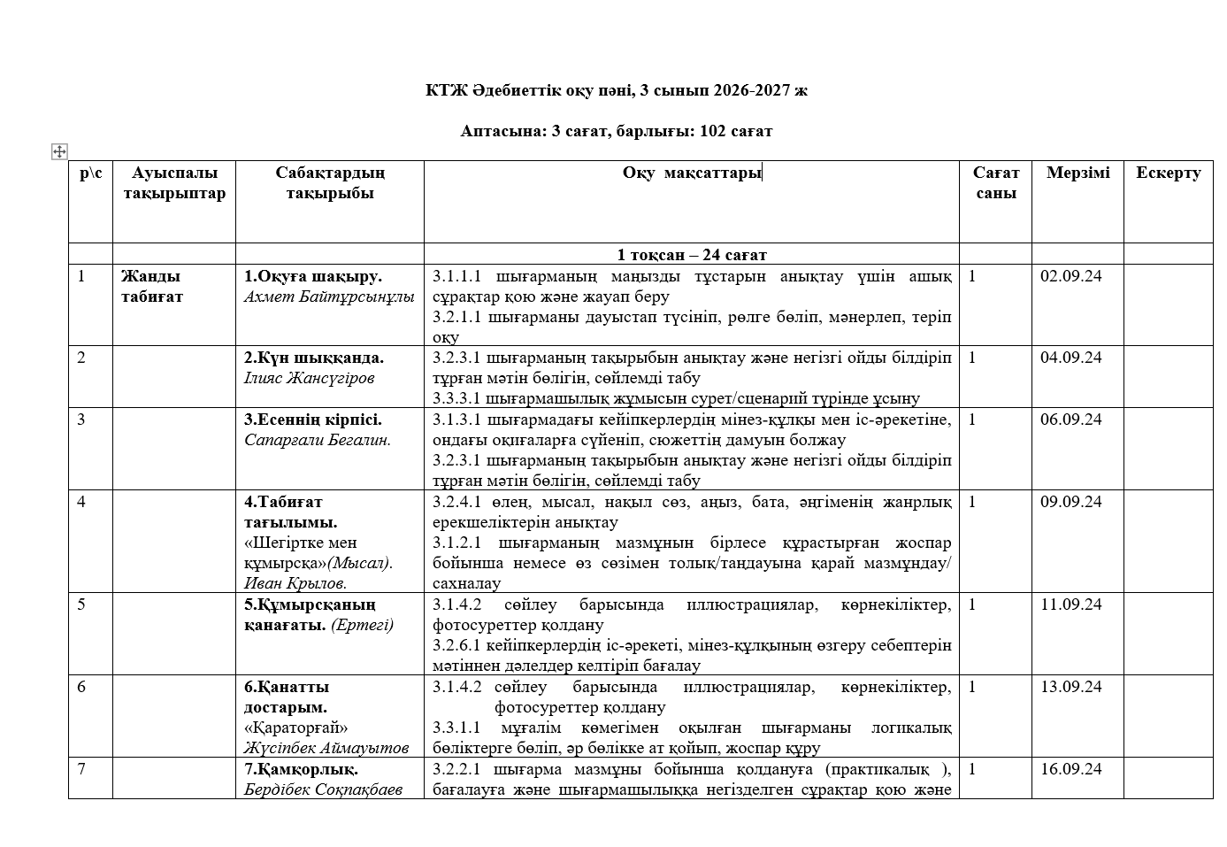 КТЖ Әдебиеттік оқу пәні, 3 сынып 2026-2027 ж