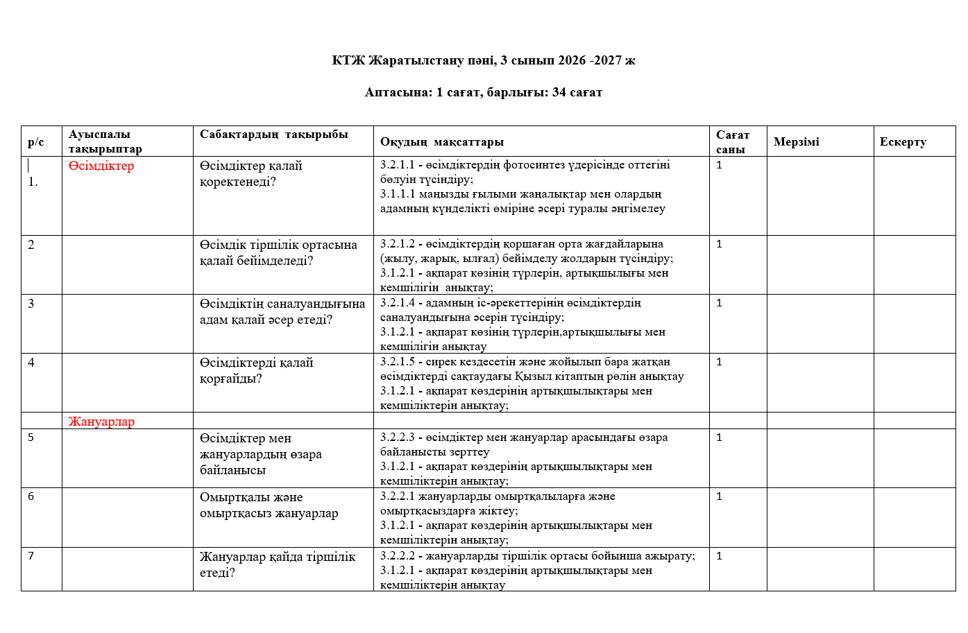 КТЖ Жаратылстану пәні, 3 сынып 2026 -2027 ж