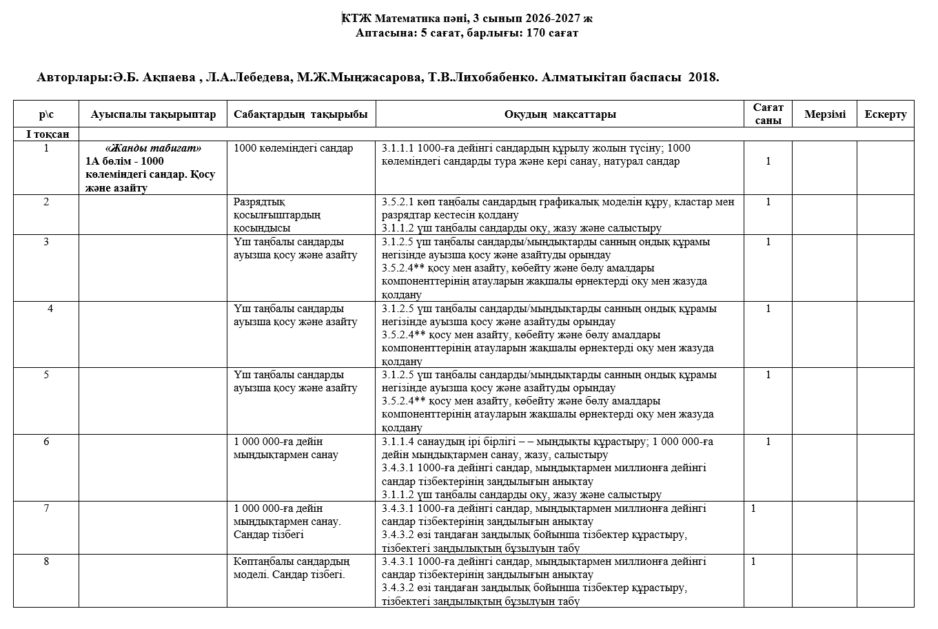 КТЖ Математика пәні, 3 сынып 2026-2027 ж