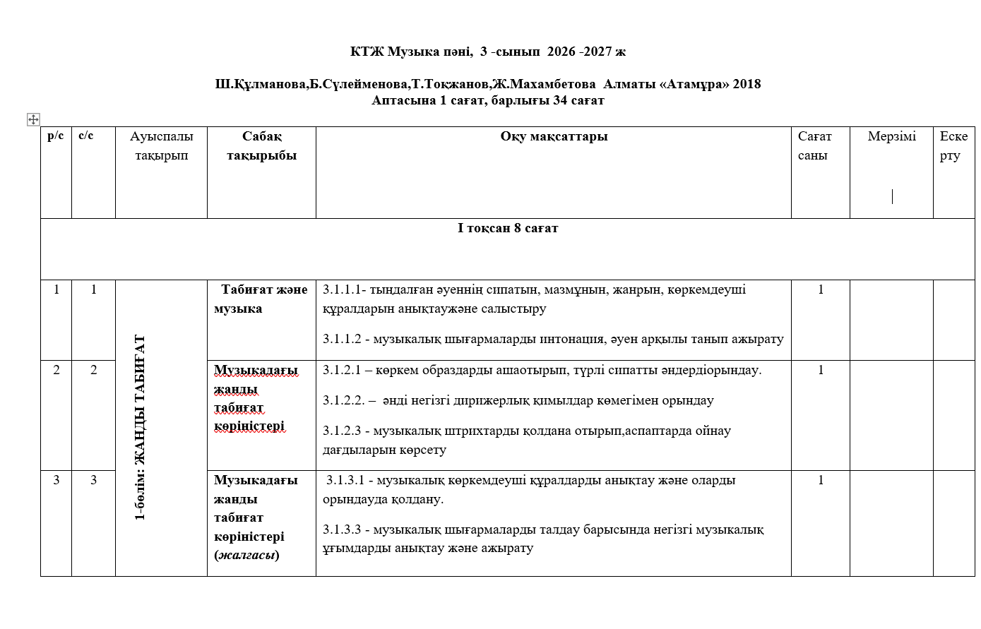 КТЖ Музыка пәні,  3 -сынып  2026 -2027 ж 