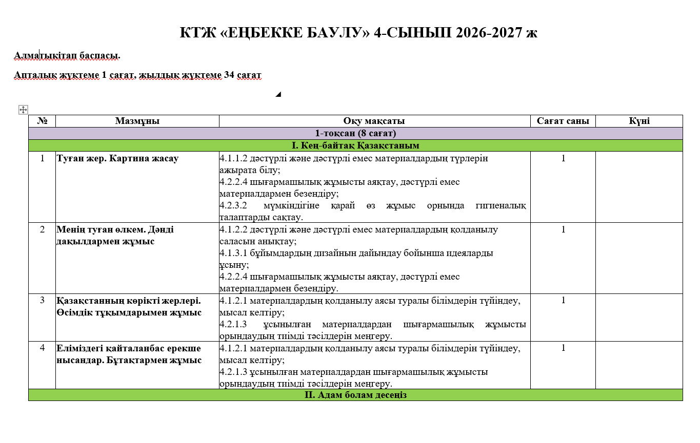 КТЖ «ЕҢБЕККЕ БAУЛУ» 4-СЫНЫП 2026-2027 ж
