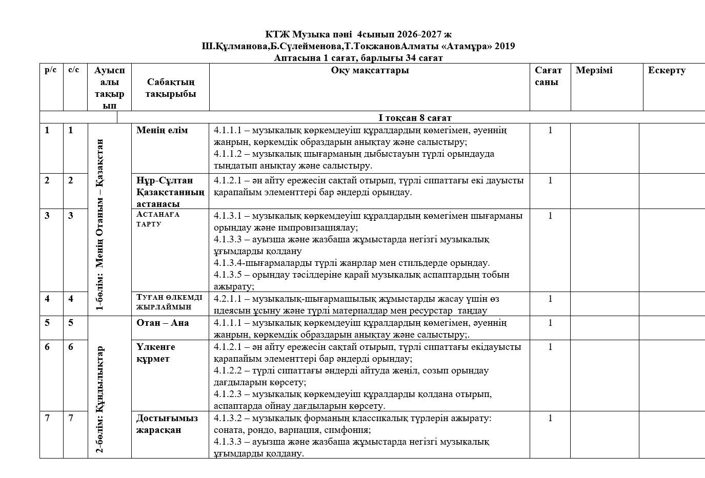 КТЖ Музыка пәні  4сынып 2026-2027 ж