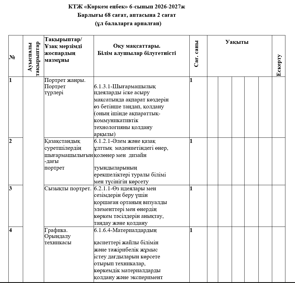 КТЖ «Көркем еңбек» 6-сынып 2026-2027ж (ұл балаларға арналған)