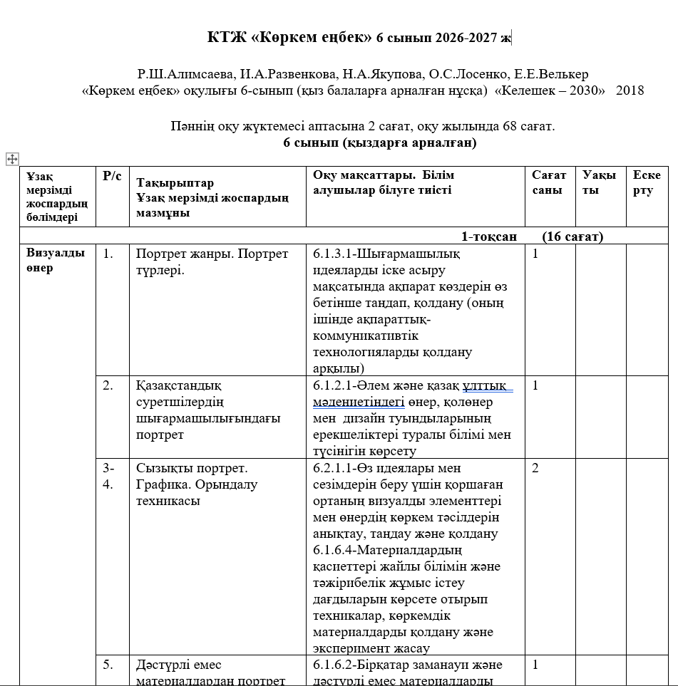 КТЖ «Көркем еңбек» 6 сынып 2026-2027 ж