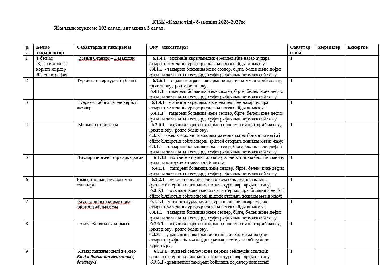 КТЖ «Қазақ тілі» 6-сынып 2026-2027ж