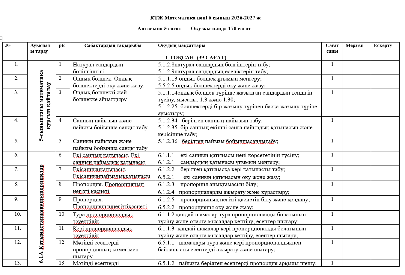 КТЖ Математика пәні 6 сынып 2026-2027 ж    