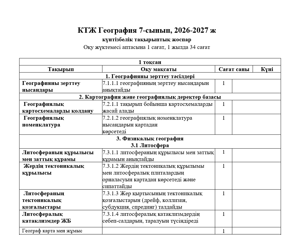 КТЖ География 7-сынып, 2026-2027 ж