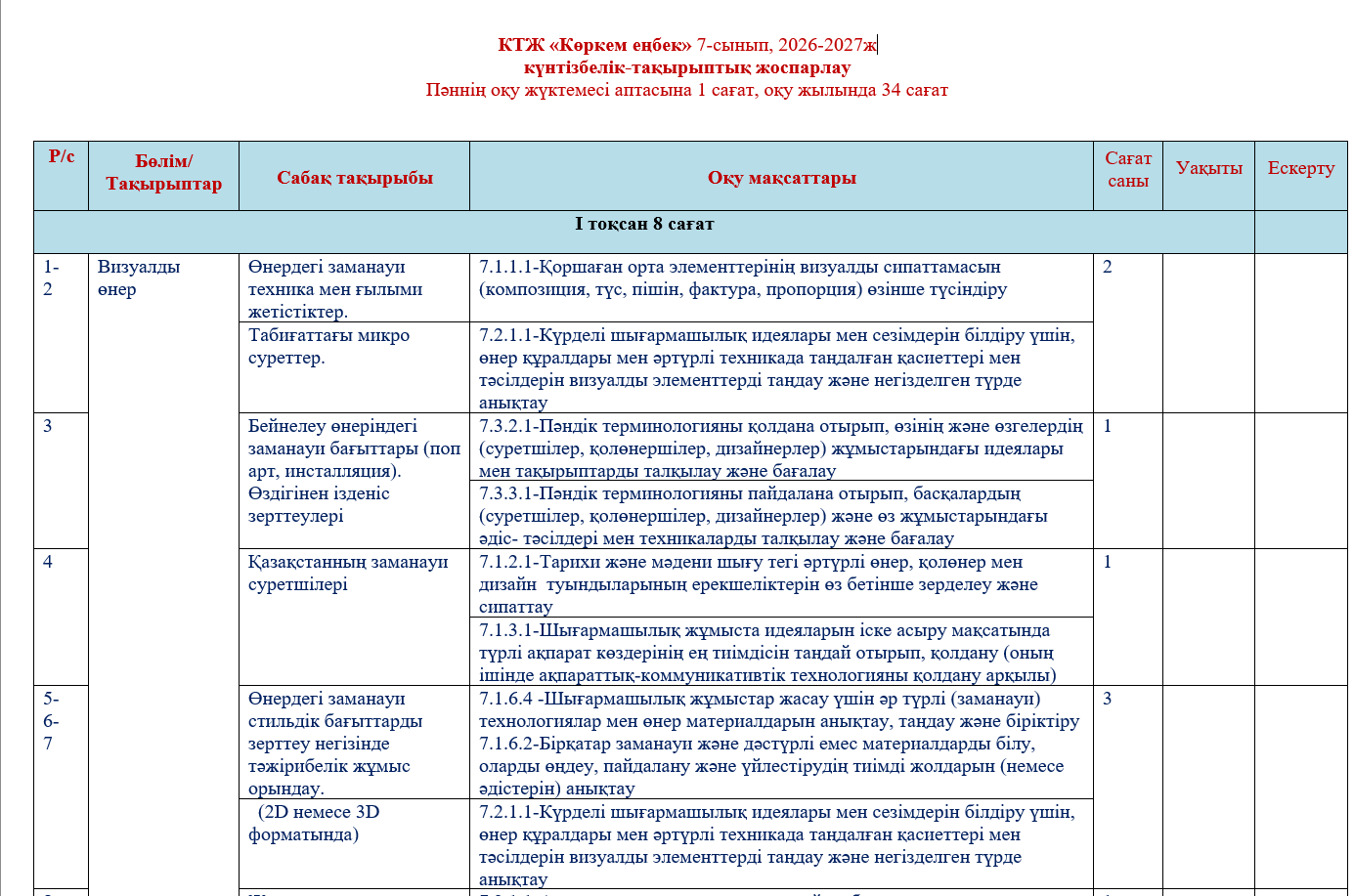 КТЖ «Көркем еңбек» 7-сынып, 2026-2027ж