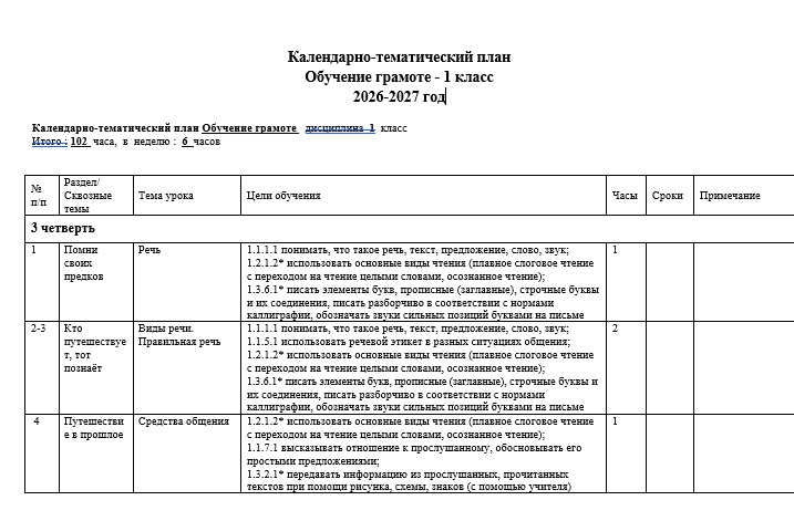 Календарный план  Обучение грамоте - 1 класс  2026-2027 год
