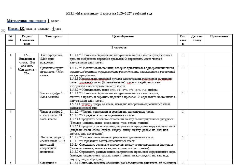  КТП Математика 1 класс на 2026-2027 учебный год   
