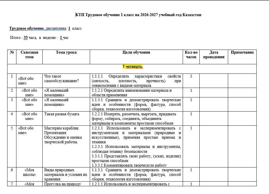 КТП Трудовое обучение 1 класс на 2026-2027 учебный год Казахстан   