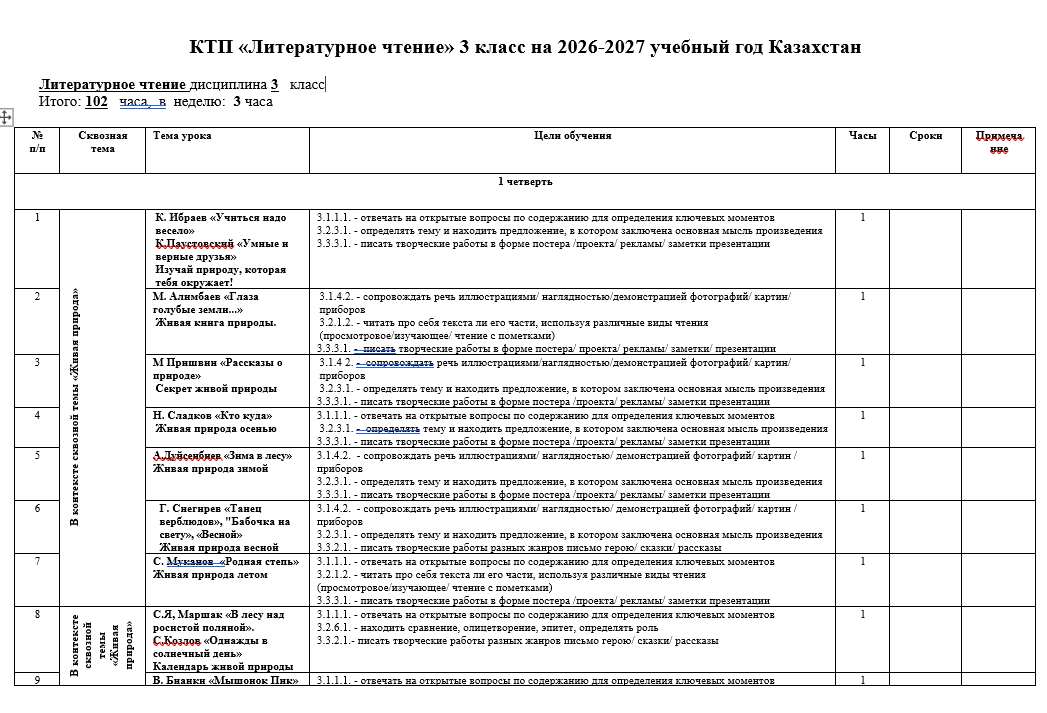 КТП «Литературное чтение» 3 класс на 2026-2027 учебный год Казахстан
