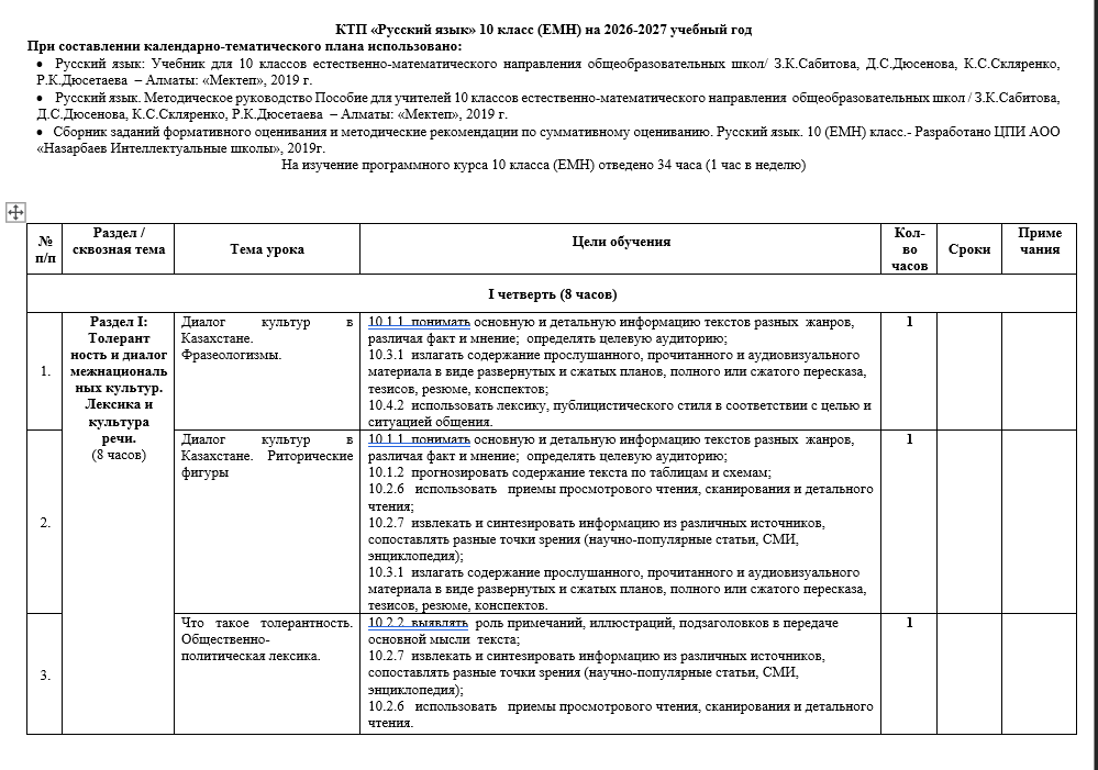 КТП «Русский язык» 10 класс (ЕМН) на 2026-2027 учебный год