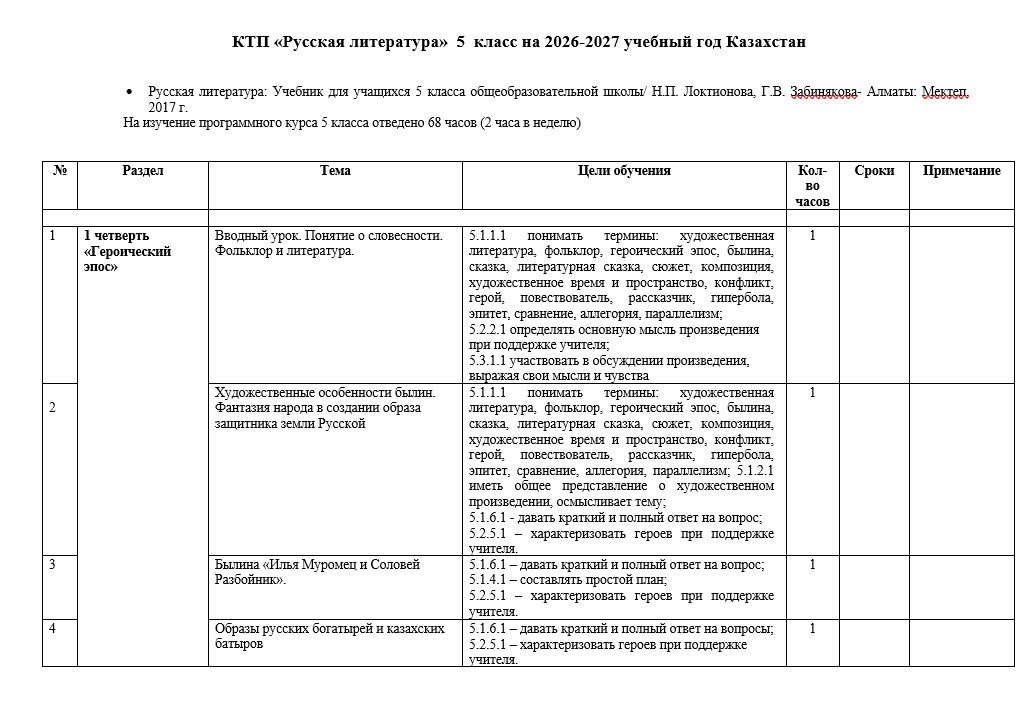 КТП «Русская литература»  5  класс на 2026-2027 учебный год Казахстан