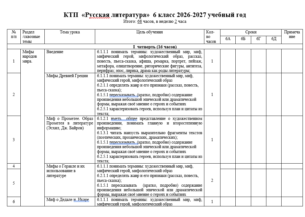 КТП Русская литература 6 класс 2026-2027 учебный год
