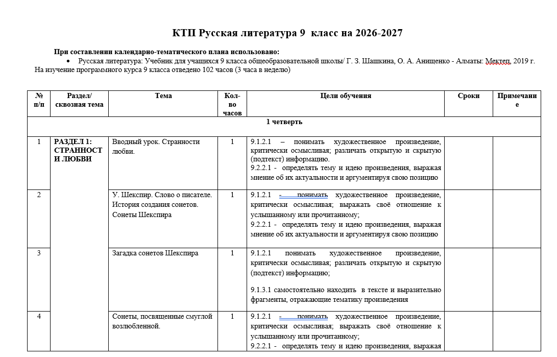 КТП Русская литература 9  класс на 2026-2027