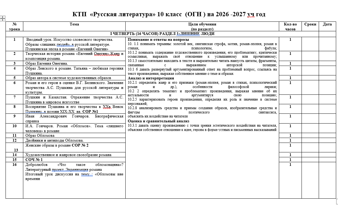 КТП  «Русская литература» 10 класс (ОГН ) на 2026 -2027 уч год