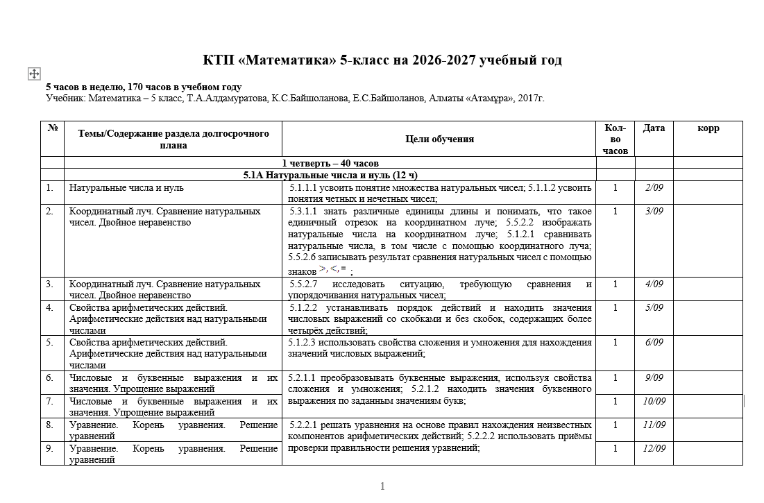 КТП «Математика» 5-класс на 2026-2027 учебный год