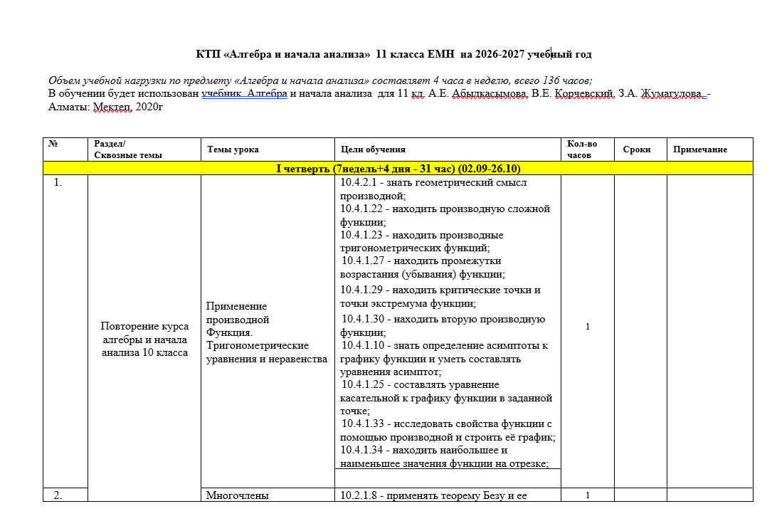 КТП «Алгебра и начала анализа»  11 класса ЕМН  на 2026-2027 учебный год