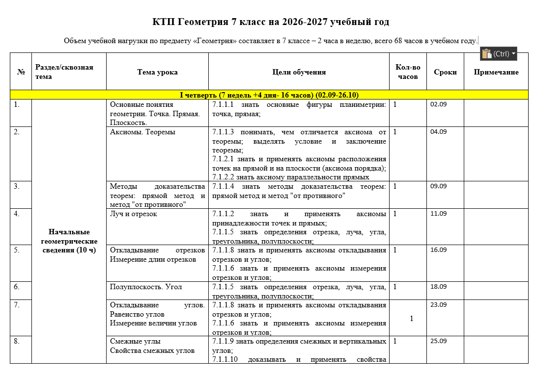 КТП Геометрия 7 класс на 2026-2027 учебный год