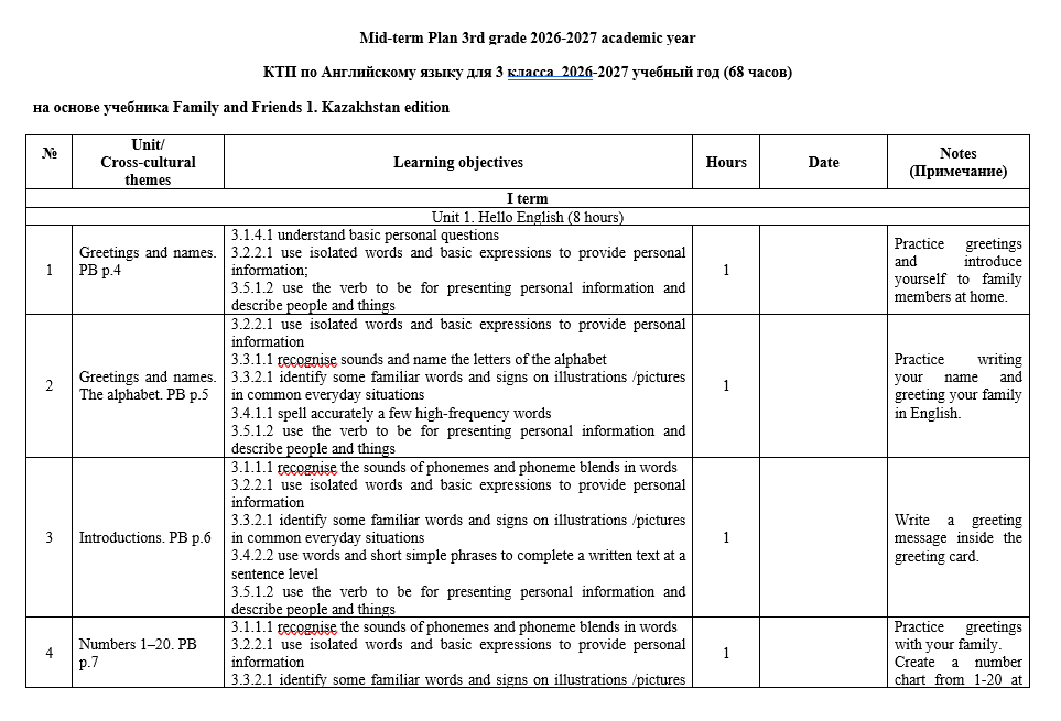 Mid-term Plan 3rd grade 2026-2027 academic year Family and Friends 1. Kazakhstan edition