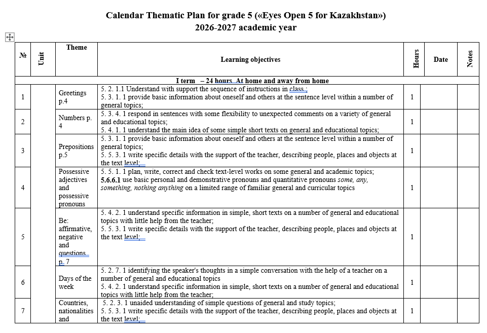 КТП Английский язык 5 класс 2026-2027 («Eyes Open 5 for Kazakhstan»)