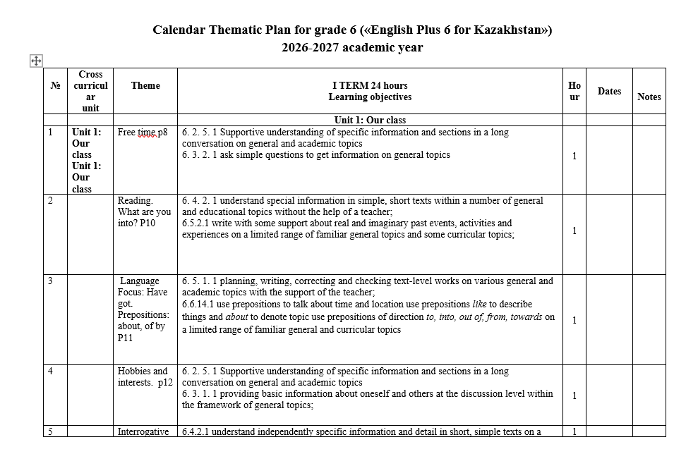 КТП Английский язык 6 класс 2026-2027 («English Plus 6 for Kazakhstan»)