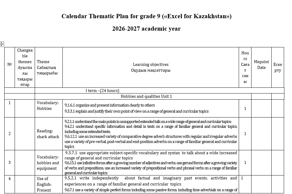 КТП Английский язык 9 класс 2026-2027 («Excel for Kazakhstan»)