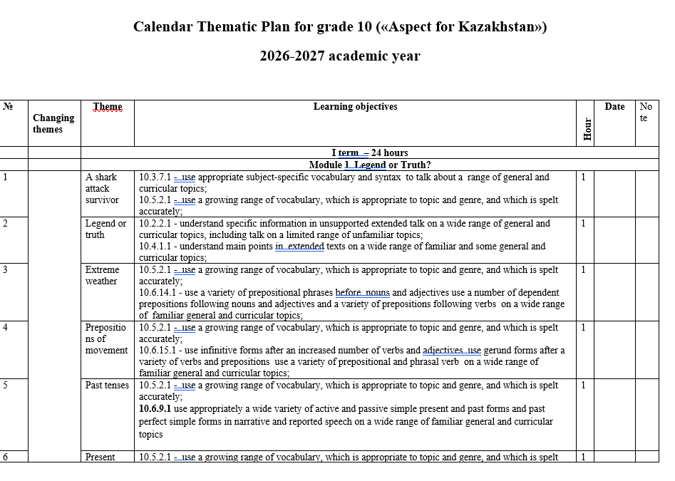 КТП Английский язык 10 класс 2026-2027 («Aspect for Kazakhstan»)