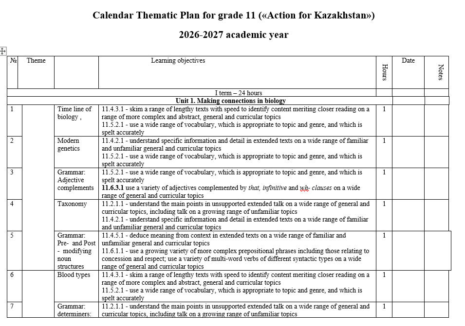 КТП Английский язык 11 класс 2026-2027 («Action for Kazakhstan»)