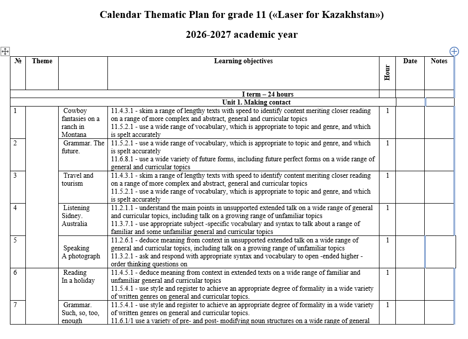 КТП Английский язык 11 класс 2026-2027 («Laser for Kazakhstan»)