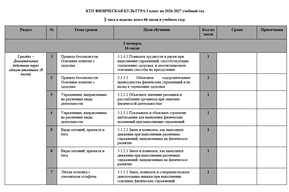 КТП ФИЗИЧЕСКАЯ КУЛЬТУРА 3 класс на 2026-2027 учебный год