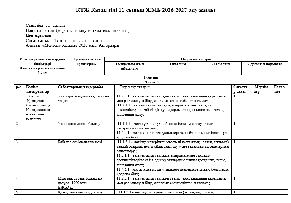 КТЖ Қазақ тілі 11-сынып ЖМБ 2026-2027 оқу жылы