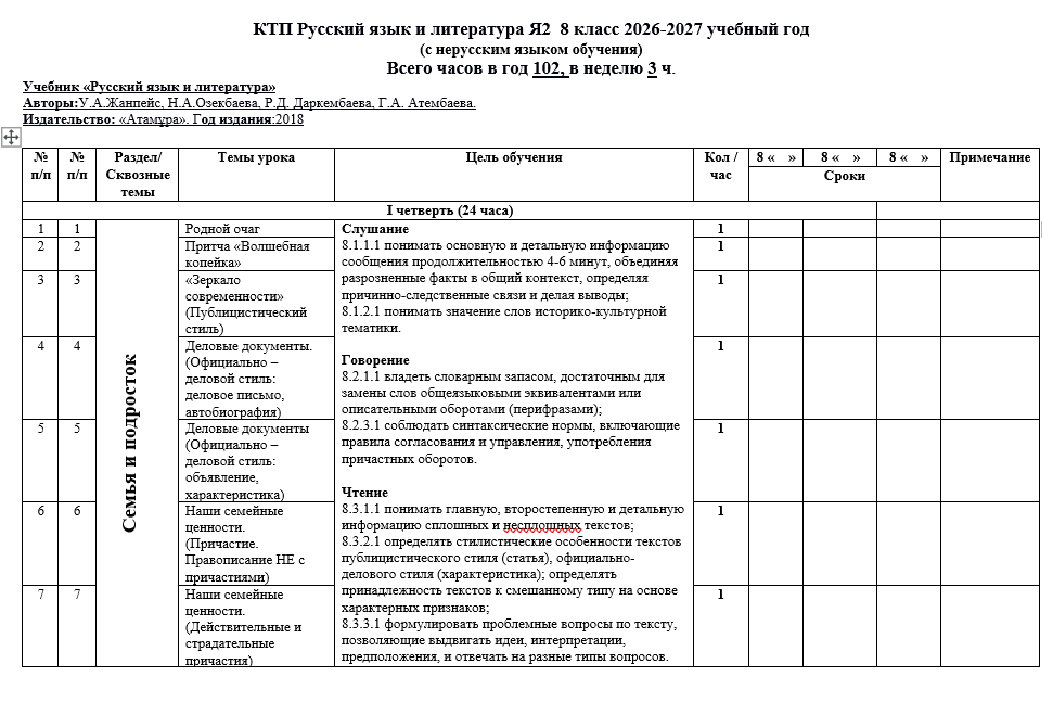 КТП Русский язык и литература Я2  8 класс 2026-2027 учебный год  (с нерусским языком обучения)