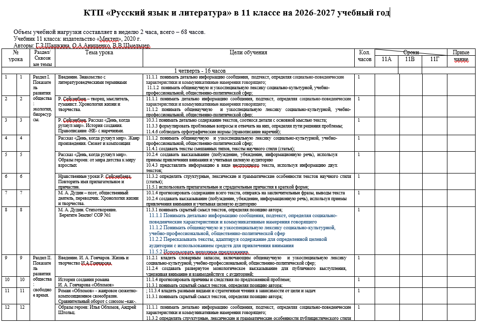 КТП Русский язык и литература Я2 в 11 классе на 2026-2027 учебный год