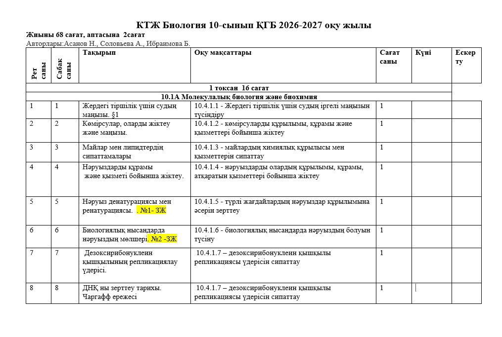 КТЖ Биология 10-сынып ҚГБ 2026-2027 оқу жылы