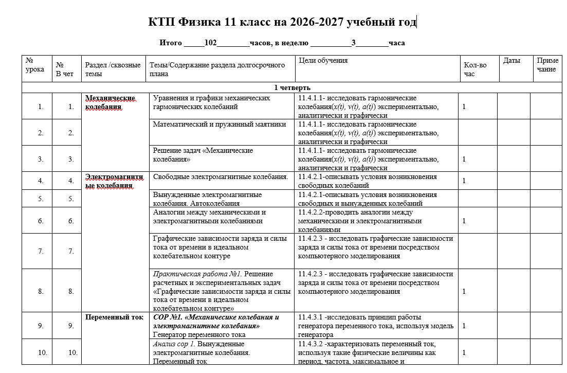 КТП Физика 11 класс на 2026-2027 учебный год