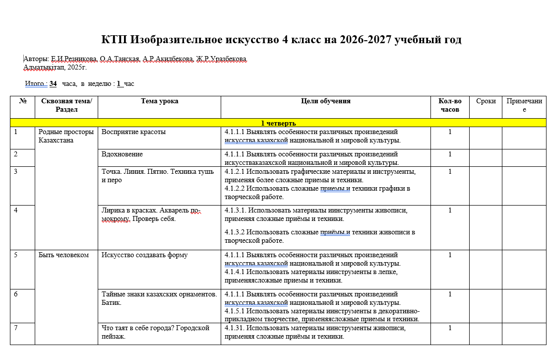КТП Изобразительное искусство 4 класс на 2026-2027 учебный год