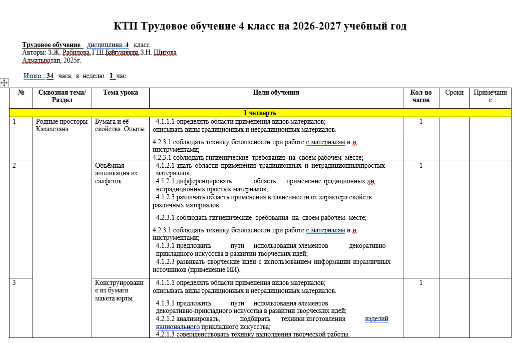 КТП Трудовое обучение 4 класс на 2026-2027 учебный год