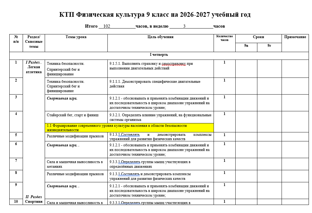 КТП Физическая культура 9 класс на 2026-2027 учебный год
