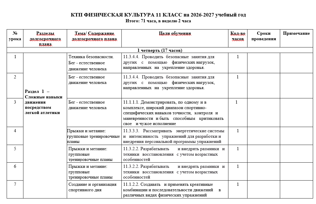 КТП ФИЗИЧЕСКАЯ КУЛЬТУРА 11 КЛАСС на 2026-2027 учебный год